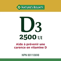 NATURE'S BOUNTY Vitamin D3, 2500 IU, Helps To Prevent Vitamin D Deficiency, Gluten-free, Dairy-free, Adults 18 And Older, 300 Softgels 300.0 count, 300 Softgels