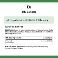 NATURE'S BOUNTY Vitamin D3, 2500 IU, Helps To Prevent Vitamin D Deficiency, Gluten-free, Dairy-free, Adults 18 And Older, 300 Softgels 300.0 count, 300 Softgels