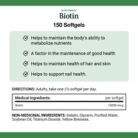 NATURE'S BOUNTY Biotin, Ultra Strength, 10,000 mcg, Promotes Hair Growth, Thicker Healthier Nails, Stronger Thicker Hair & Healthier Skin, Helps Maintain the Body's Ability to Metabolize Nutrients, Value Size, Softgels 150.0 count, 150 softgels