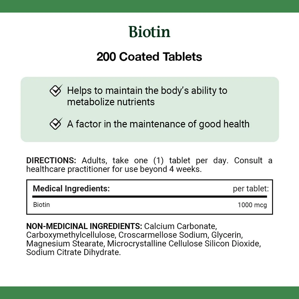 NATURE'S BOUNTY Biotin, 1000 mcg, Helps to Maintain the Body's Ability to Metabolize Nutrients, A Factor In The Maintenance Of Good Health, Value Size, Coated Tablets 200.0 count, 200 Tablets