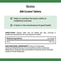 NATURE'S BOUNTY Biotin, 1000 mcg, Helps to Maintain the Body's Ability to Metabolize Nutrients, A Factor In The Maintenance Of Good Health, Value Size, Coated Tablets 200.0 count, 200 Tablets