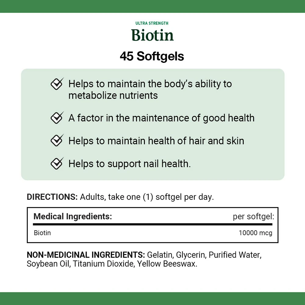 NATURE'S BOUNTY Biotin, Ultra Strength, 10,000 mcg, Promotes Hair Growth, Thicker Healthier Nails, Stronger Thicker Hair & Healthier Skin, Helps Metabolize Nutrients, Softgels 45.0 count