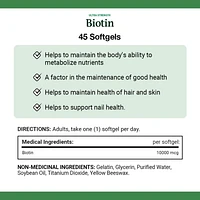 NATURE'S BOUNTY Biotin, Ultra Strength, 10,000 mcg, Promotes Hair Growth, Thicker Healthier Nails, Stronger Thicker Hair & Healthier Skin, Helps Metabolize Nutrients, Softgels 45.0 count