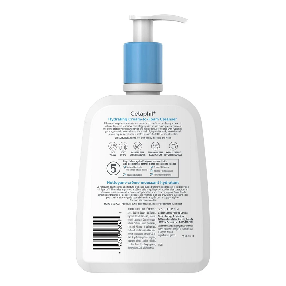 Cetaphil Hydrating Cream-to-Foam Cleanser, 473ml | Hydrating Face Wash with Niacinamide, Amino Acid and Prebiotic Aloe | Ideal for Dry to Normal, Sensitive Skin | Paraben and Fragrance-Free | Dermatologist Recommended ​, 473ml