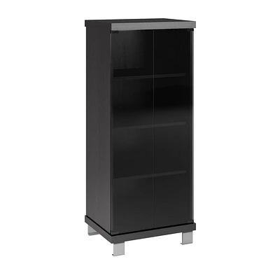 CorLiving Holland Black Engineered Wood Tall Narrow Media Storage Cabinet with Glass Doors - DVD Storage Shelves, CD Rack, Display Cabinet