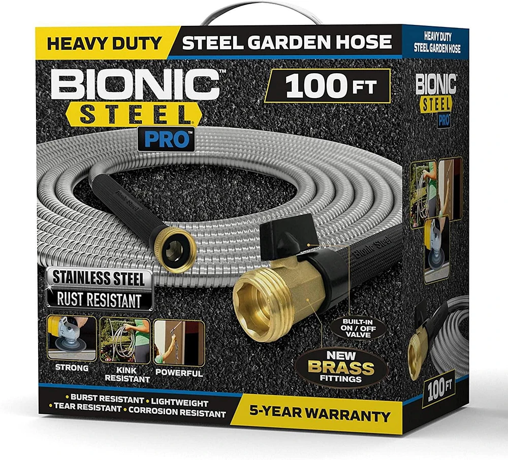 Bionic Steel PRO Garden Hose - 304 Stainless Steel Metal 100 Foot Garden Hose – Heavy Duty Lightweight, Kink-Free, and Stronger Than Ever with Brass Fittings and On/Off Valve