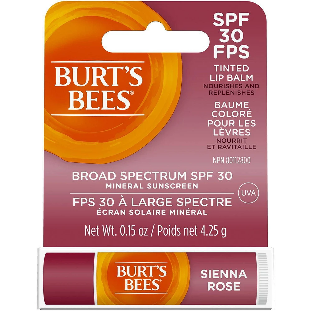 Burt’s Bees® Tinted Lip Balm, SPF 30 100% Natural Origin Mineral Sunscreen, Sienna Rose -, 1 Tube