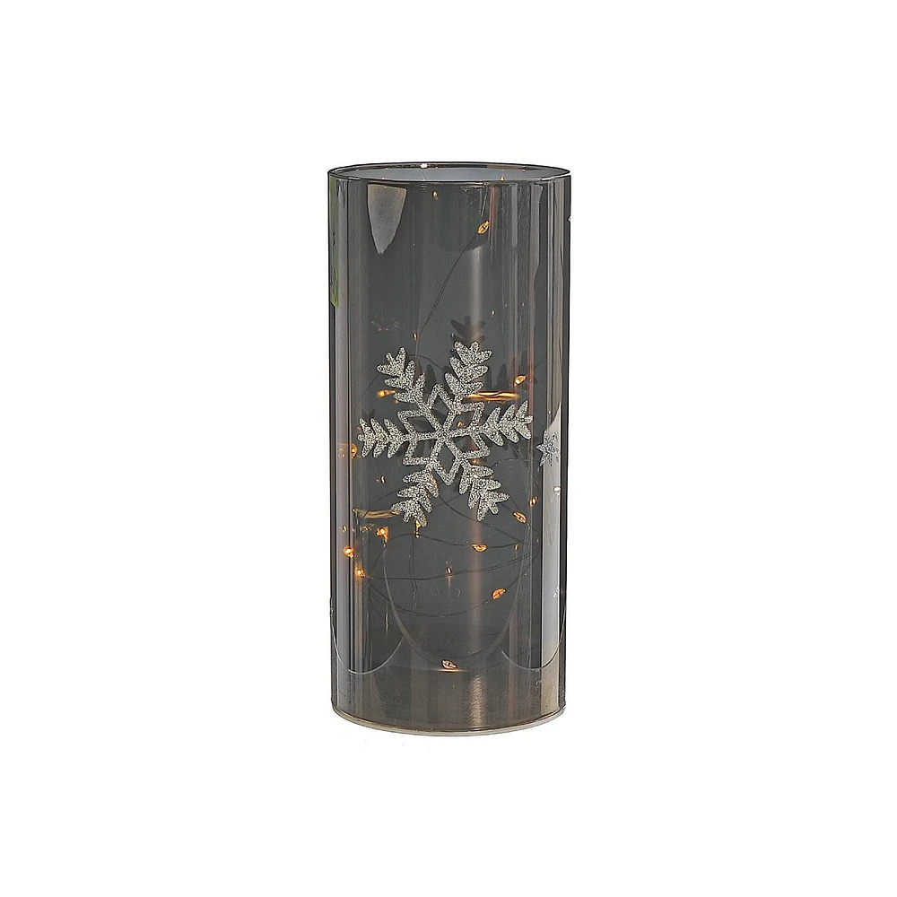 Led Cylinder Glass Stand 7.88" Silver Snowflake Large