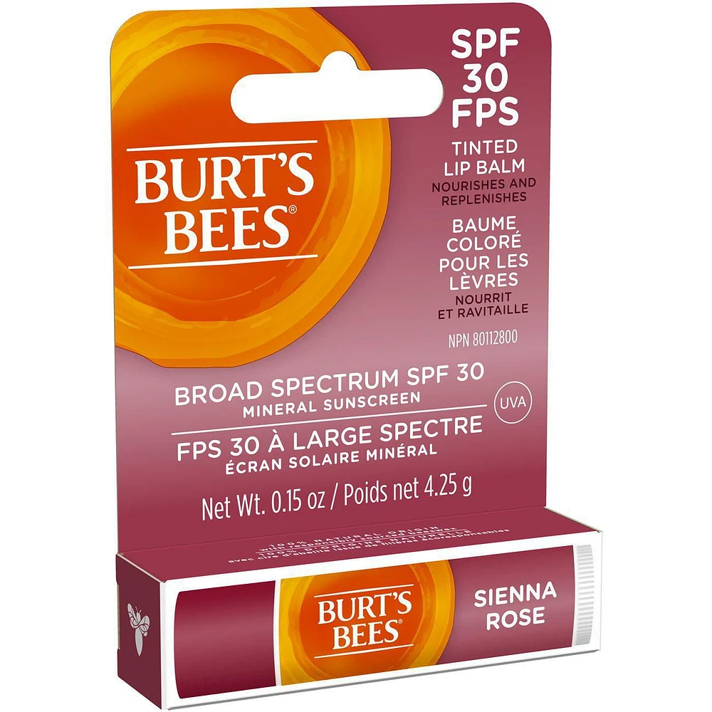 Burt’s Bees® Tinted Lip Balm, SPF 30 100% Natural Origin Mineral Sunscreen, Sienna Rose -, 1 Tube