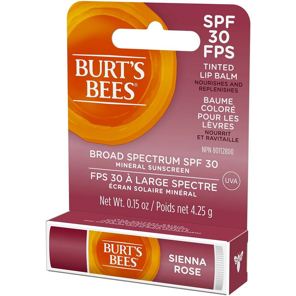 Burt’s Bees® Tinted Lip Balm, SPF 30 100% Natural Origin Mineral Sunscreen, Sienna Rose -, 1 Tube