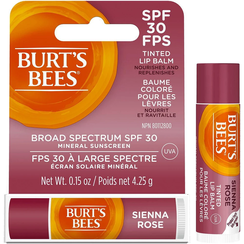 Burt’s Bees® Tinted Lip Balm, SPF 30 100% Natural Origin Mineral Sunscreen, Sienna Rose -, 1 Tube