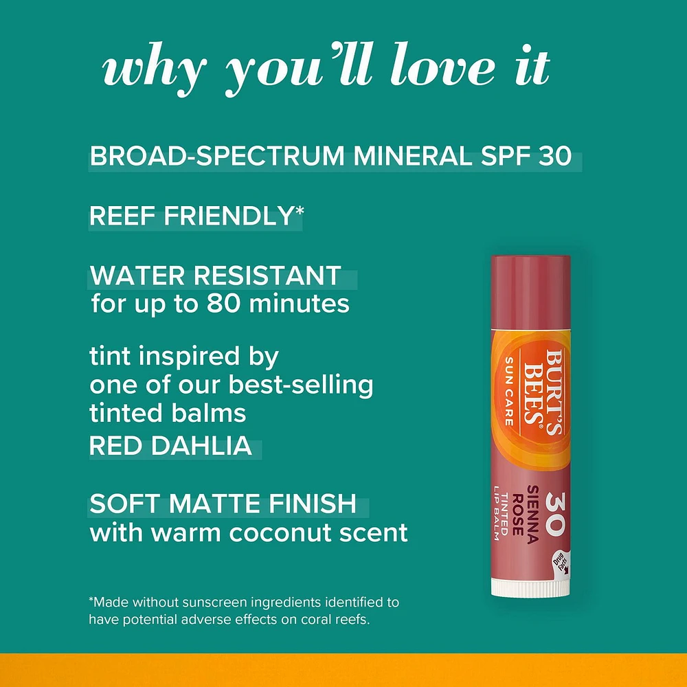 Burt’s Bees® Tinted Lip Balm, SPF 30 100% Natural Origin Mineral Sunscreen, Sienna Rose -, 1 Tube