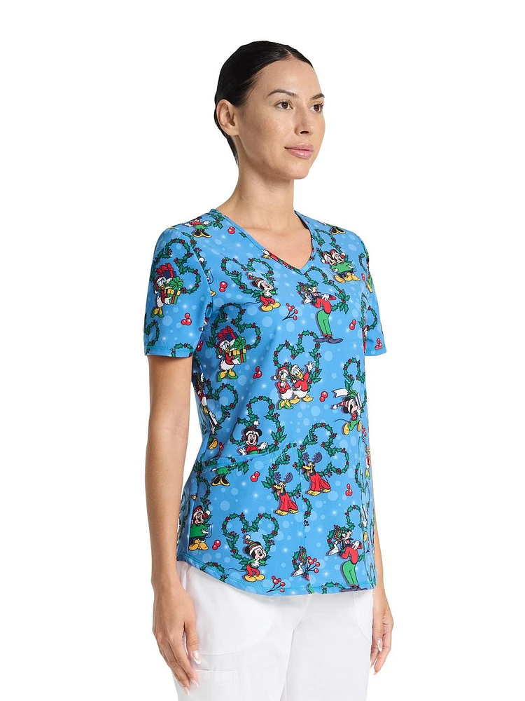 Disney Mickey Mouse and Friends 100 Percent Nice Women's V-Neck Print Scrub Top