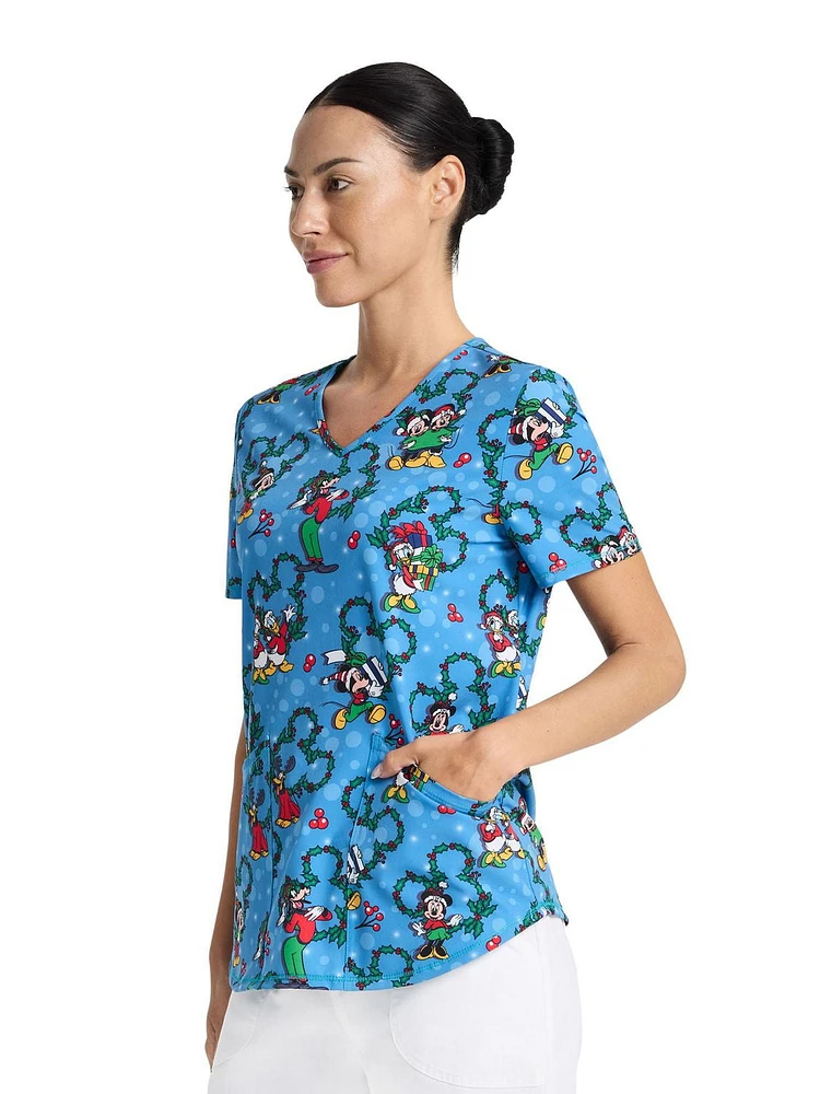 Disney Mickey Mouse and Friends 100 Percent Nice Women's V-Neck Print Scrub Top