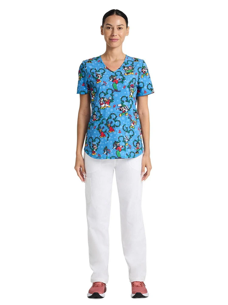 Disney Mickey Mouse and Friends 100 Percent Nice Women's V-Neck Print Scrub Top