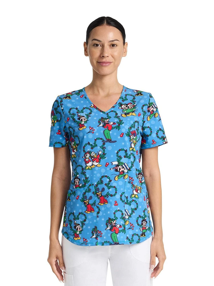 Disney Mickey Mouse and Friends 100 Percent Nice Women's V-Neck Print Scrub Top