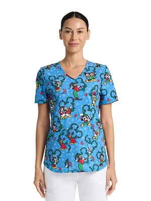 Haut d'uniforme à encolure en V à imprimé Disney Mickey Mouse and Friends 100 Percent Nice pour femmes