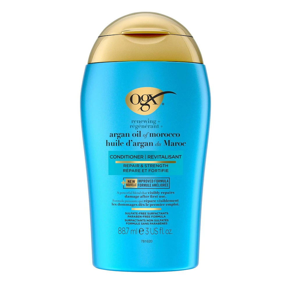 OGX Renewing + Argan Oil of Morocco Conditioner, Damage Repairing Conditioner + Argan Oil to Help Strengthen & Repair Dry, Damaged Hair, Travel Size, TSA-Compliant, 88.7 mL