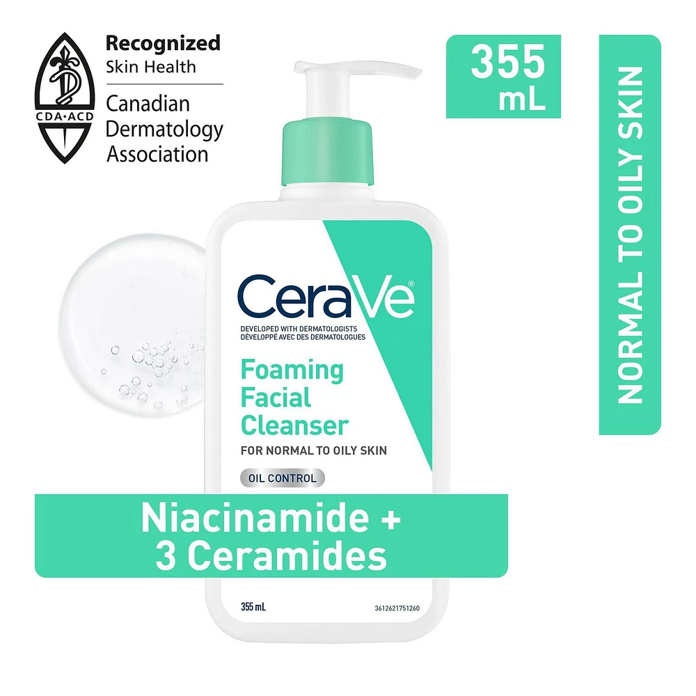 CeraVe Gentle Foaming Facial Cleanser With Niacinamide, Hyaluronic Acid and 3 Ceramides | Makeup Remover, Helps Prevent Clogged Pores & Control Oil and Sebum | Daily Face Wash for Normal to Oily Skin, Men & Women | Non-Comedogenic, Fragrance Free, 355 mL, Gently Cleanses & Removes Oil