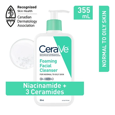 CeraVe Gentle Foaming Facial Cleanser With Niacinamide, Hyaluronic Acid and 3 Ceramides | Makeup Remover, Helps Prevent Clogged Pores & Control Oil and Sebum | Daily Face Wash for Normal to Oily Skin, Men & Women | Non-Comedogenic, Fragrance Free, 355 mL, Gently Cleanses & Removes Oil