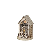 Led Wooden House Shape With Nativity Scene Stand Small - Set of 2