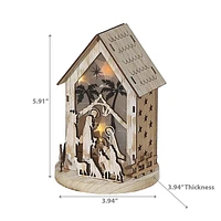 Led Wooden House Shape With Nativity Scene Stand Small - Set of 2