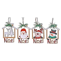 Wooden House Shape With Noel Ornament - Set of 12