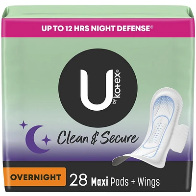 Serviettes maxi de nuit U by Kotex Clean & Secure avec ailes, sans parfum