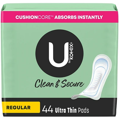 Serviettes ultraminces U by Kotex Clean & Secure, absorption régulière, Sans parfum 44 Unités
