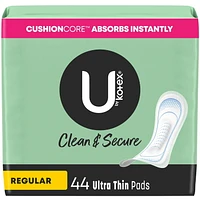 Serviettes ultraminces U by Kotex Clean & Secure, absorption régulière, Sans parfum 44 Unités