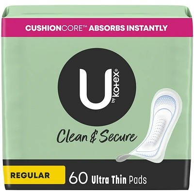 Serviettes ultraminces U by Kotex Clean & Secure, absorption régulière, sans parfum 60 Unités