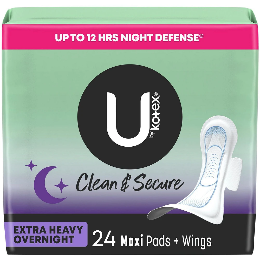 U by Kotex Clean & Secure Overnight Maxi Pads with Wings, Extra Heavy Absorbency, Unscented, 24 Count