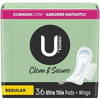 U by Kotex Clean & Secure Ultra Thin Pads with Wings, Regular Absorbency, 36 Count