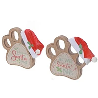 Wooden Paw With Santa Hat Table Sign - Set of 2