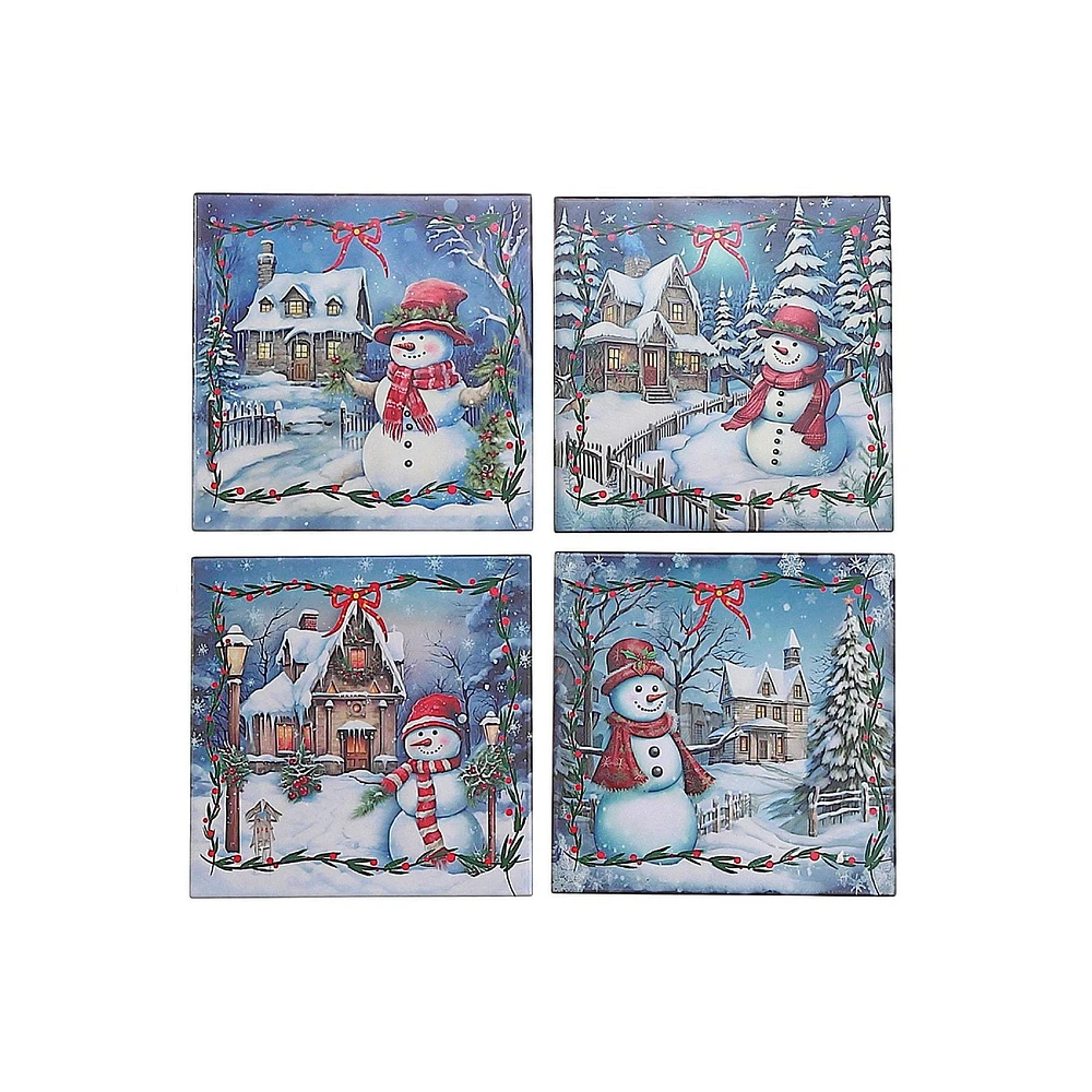 Square Ceramic Trivet Snowman - Set of 4