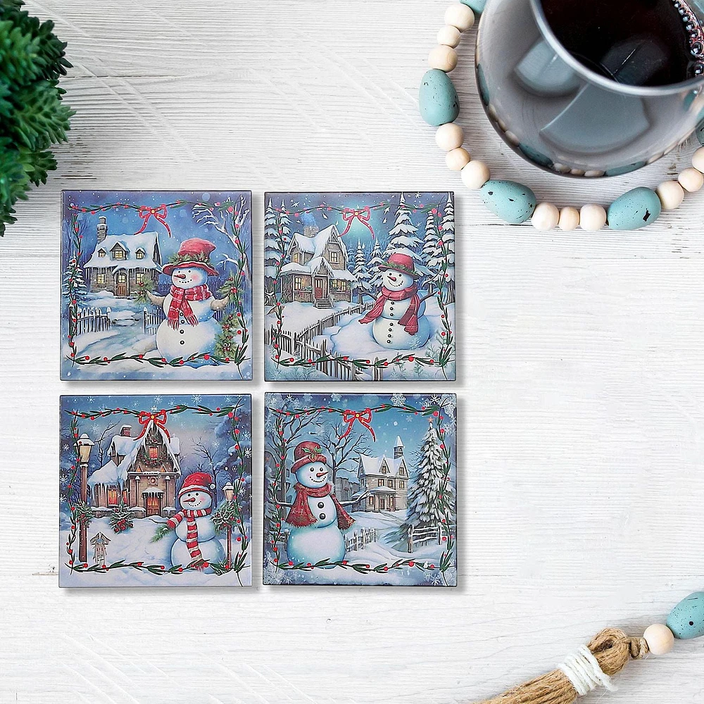 Square Ceramic Trivet Snowman - Set of 4