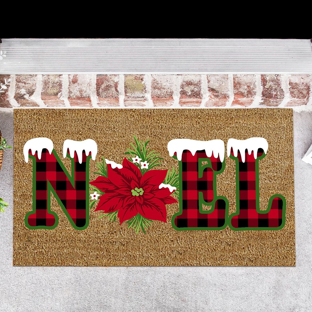 Coir Door Mat Plaid Noel - Poinsettia