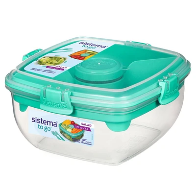 Récipient de conservation alimentaire Sistema Salad TO GO avec compartiments individuels, couverts de voyage et pot à vinaigrette, Sans BPA, La couleur peut varier 1,1 litre