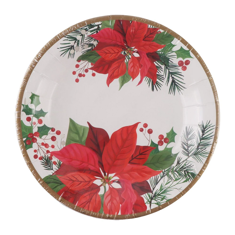 Holiday time, Christmas Poinsettia Paper Plates, 7in, 12ct