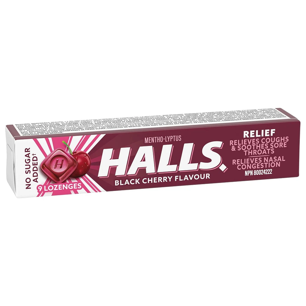 HALLS No Sugar Added Black Cherry, Cough Drops, Throat Lozenges, Sore Throat Relief, Mentho-Lyptus, 9 Lozenges