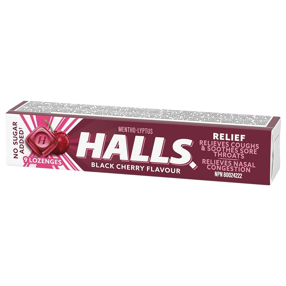 HALLS No Sugar Added Black Cherry, Cough Drops, Throat Lozenges, Sore Throat Relief, Mentho-Lyptus, 9 Lozenges