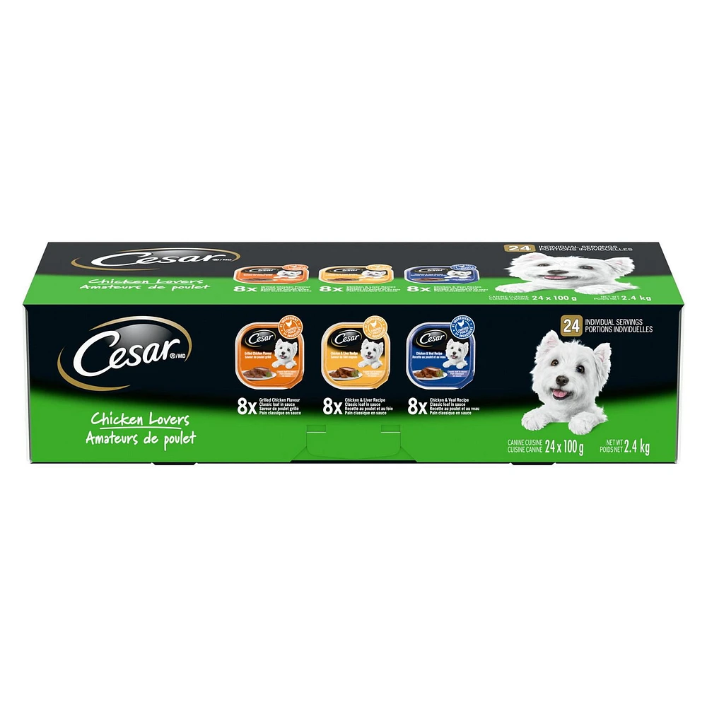 Cesar Adult Classic Loaf In Sauce Chicken Lovers Variety Pack Soft Wet Dog Food, 24x100g