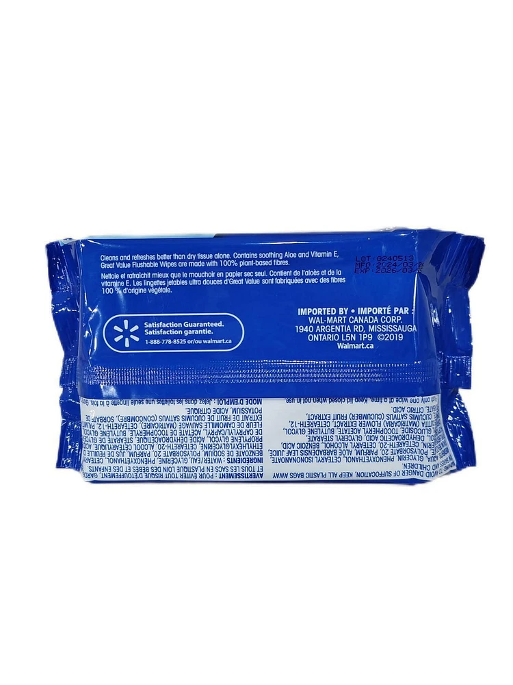 Lingettes jetables dans les toilettes Great Value 96 lingettes