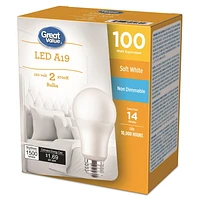 Great Value 100W A19 Soft White LED Light Bulbs - 2 Pack, GV 100w LED