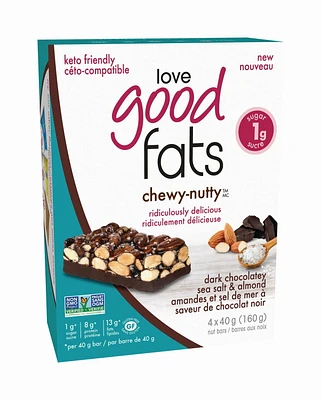 Love Good Fats Chewy Nutty Dark Chocolatey Sea Salt & Almond, 4 x 40g (160g)