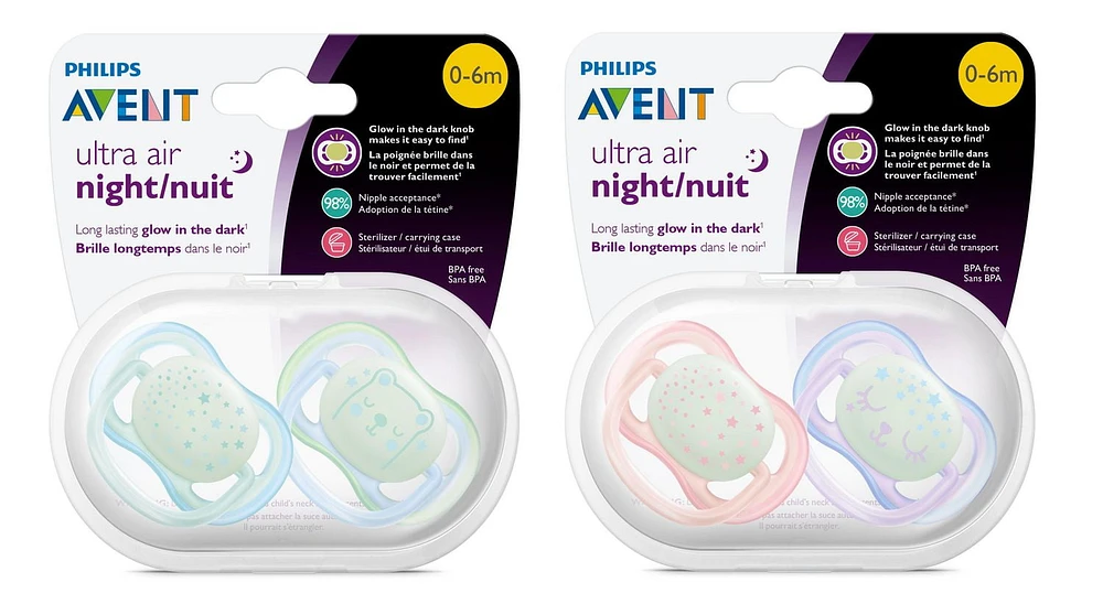 Suce de nuit ultra-aérée Philips Avent, 0 à 6 mois, couleurs variées, emballage de 2, SCF376/10