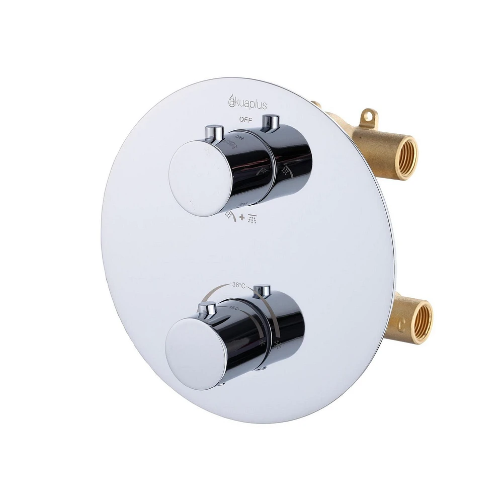 The akuaplus® - round thermostatic faucet valve with 3-way diverter (2 ways + combo) come with the trim and handle in solid brass