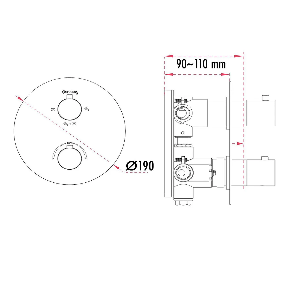 The akuaplus® - round thermostatic faucet valve with 3-way diverter (2 ways + combo) come with the trim and handle in solid brass