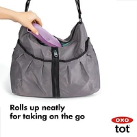 OXO Tot - Roll-Up Bib Set - Comfortable Soft Waterproof Lightweight Silicone Baby Bib and Toddler - Fabric Rolls Up into Pocket for Travel and Storage - Gray/Lilas