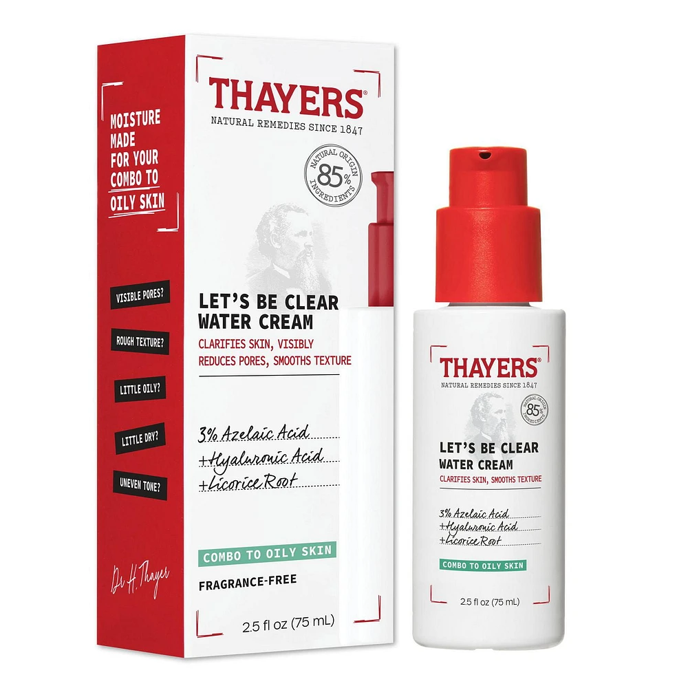 Let's Be Clear Water Face Cream, crème hydratante à base d'acide azélaïque et d'acide hyaluronique, pour les peaux mixtes à grasses, 75 ML Hydrate, matifie et nettoie instantanément